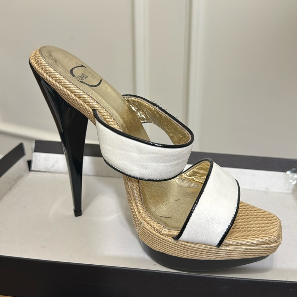 Just Cavalli heels, white with black piping and heel, rafia platform